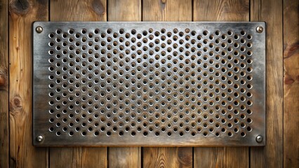 A perforated metal grid with evenly spaced holes in a wooden background for rustic decorative purposes