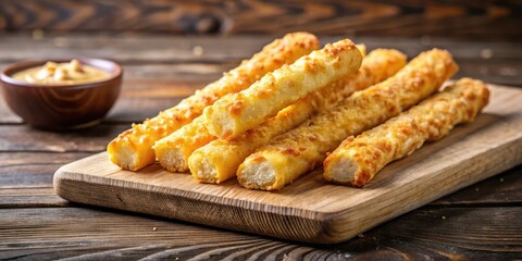 A close-up view of a freshly baked homemade cheese stick with a crispy exterior and gooey interior