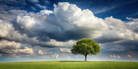A lone tree stands under a vast
