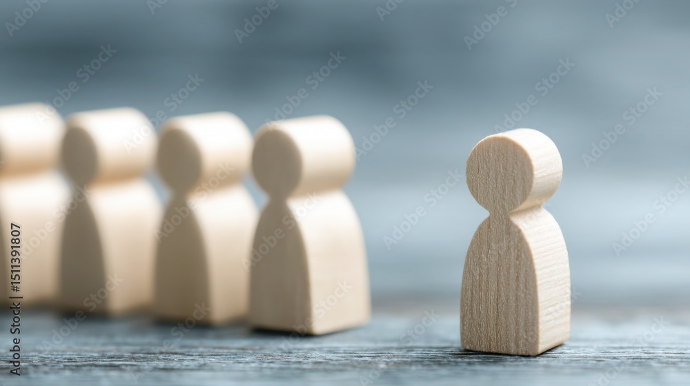 Poster a single wooden figure distinctly standing out from a group of people symbolizing unique skills in w