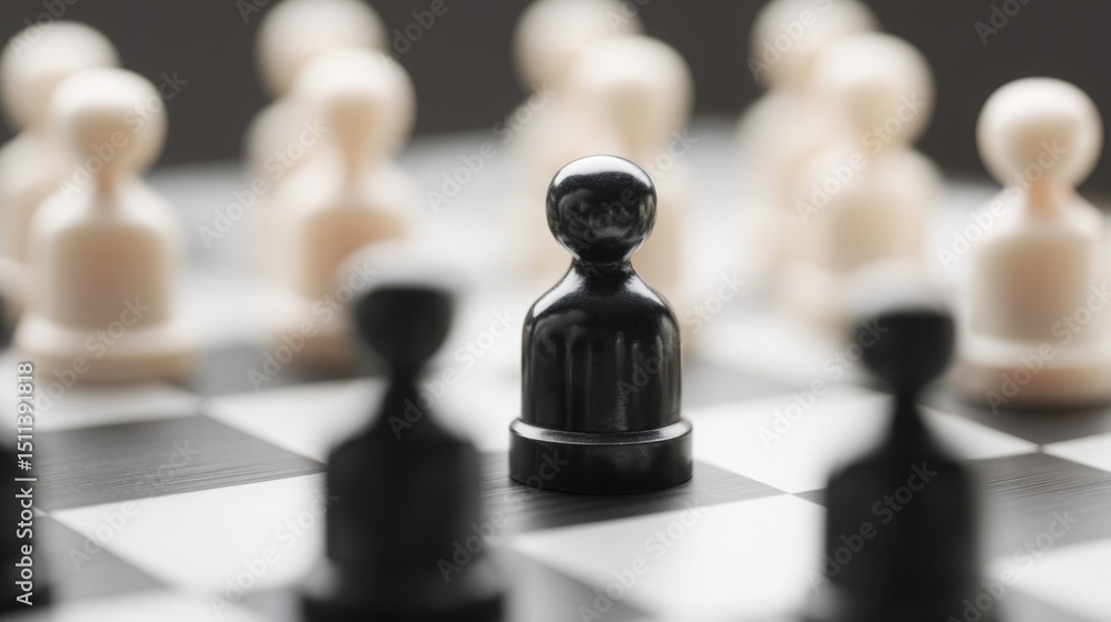 Poster single black pawn on a chess board representing a key decision point in strategic workforce dynamics