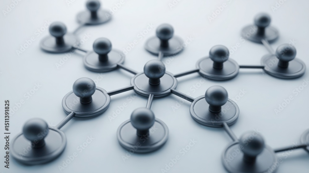 Poster group of 3d metal spheres arranged in a dynamic pattern representing a strategy feedback network con