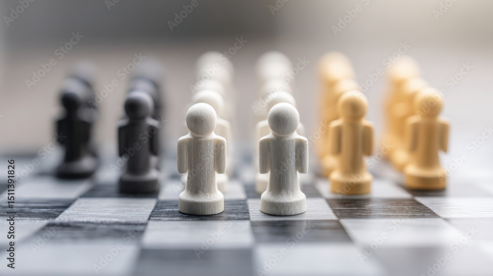 Poster diverse group of people collaborating strategically around a chess board symbolizing teamwork and de