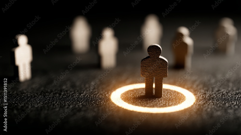 Poster individual standing confidently in a circle of people representing hierarchical structure and succes