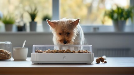 Small dog looking at food in automatic feeder on counter near window with plants in background