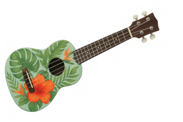 Vibrant ukulele displaying tropical hibiscus, monstera, and bird-of-paradise pattern against transparent backdrop