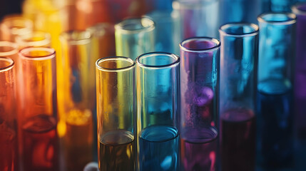 Colorful test tubes filled with various liquids.