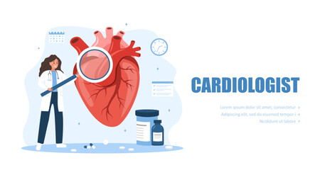 Cardiologist concept. Heart health. Female doctor with large magnifier examines internal organs. Vector illustration in flat cartoon style.