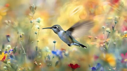 Fototapeta premium A Hummingbird in Flight Through a Field of Colorful Flowers