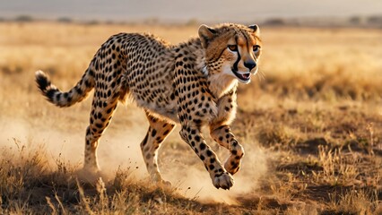 Cheetah running fast in natural grassland habitat