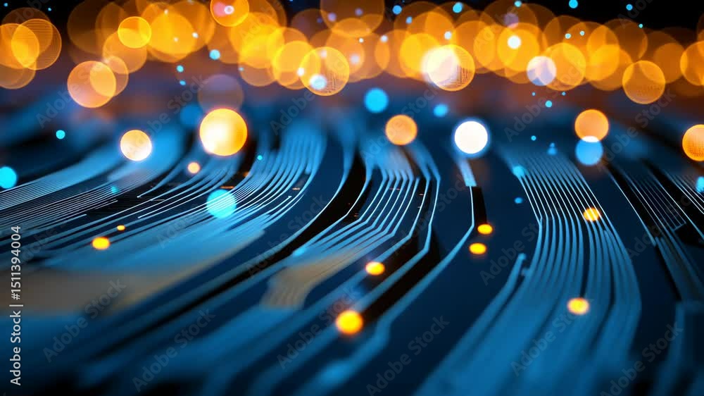 Poster a visually captivating abstract of a circuit board with a backdrop of vibrant bokeh lights.