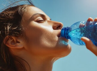 Young Woman Drinking Water from Bottle under Bright Summer Sun