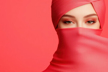 Fashion Beauty For Apparel Cosmetics Brands, A captivating close-up portrait of a woman in a vibrant red scarf against a solid pink background, exuding beauty and cultural expression.