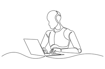 Continuous one line drawing of Robot humanoid use laptop. Single line drawing illustration of Humanoid robot use a laptop. 4th industrial revolution concept vector art. Doodle line illustration.