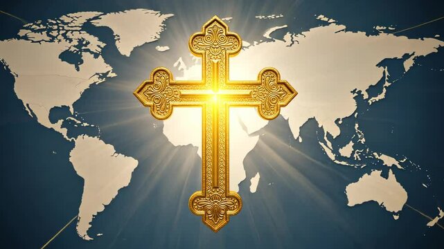 Ornate golden cross overlayed on a world map radiating light
