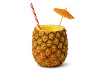 Tropical cocktail nestled in fresh pineapple shell, garnished with colorful umbrella and drinking straw against clear backdrop