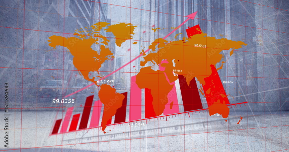 Poster image of world map, statistics and data processing over cityscape