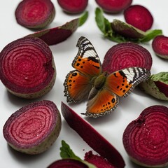 A butterfly resting on a freshly cut beetroot slice with white background.