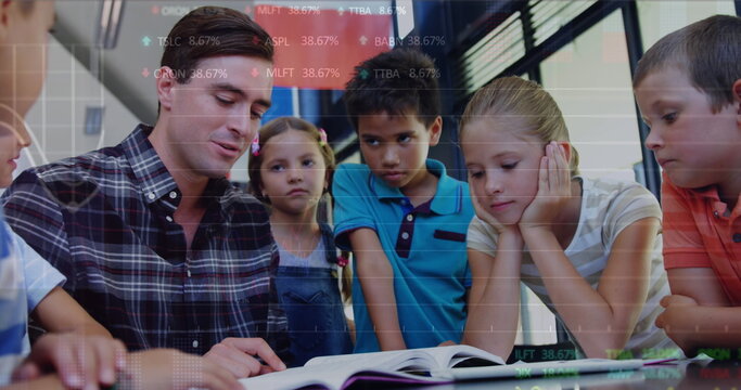 Image of data processing over caucasian male teacher and school children