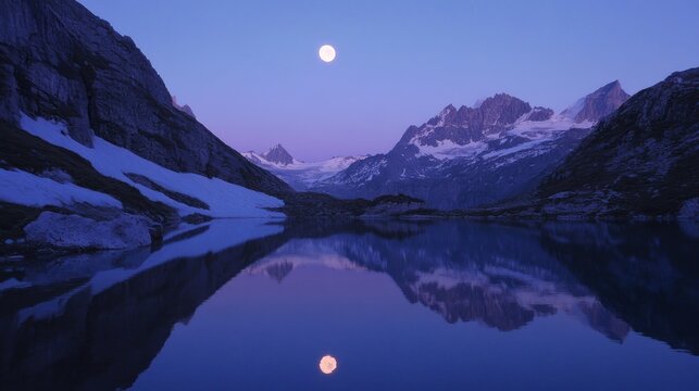 Mountain Range Reflected in Still Water Under a Full Moon
