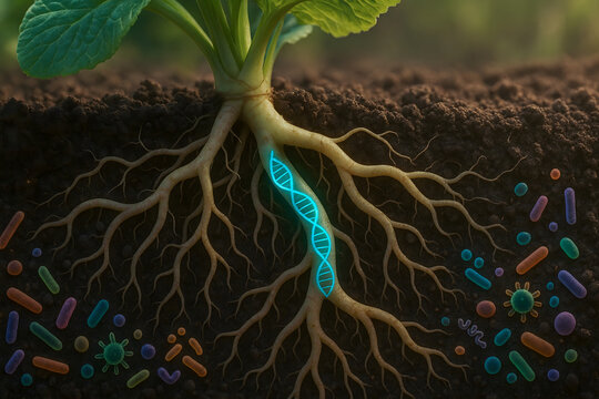 Roots interaction with DNA and microbes in soil, showcasing nature complexity
