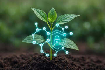 Plant growth with digital security symbol, representing innovation and sustainability