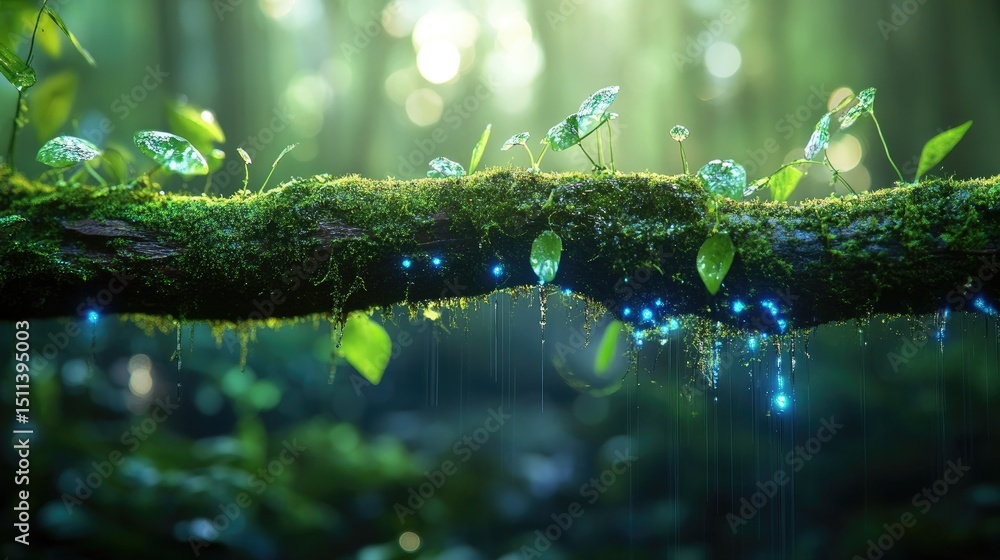 Poster close-up of mossy branch surrounded by soft forest bokeh, damp woodland atmosphere