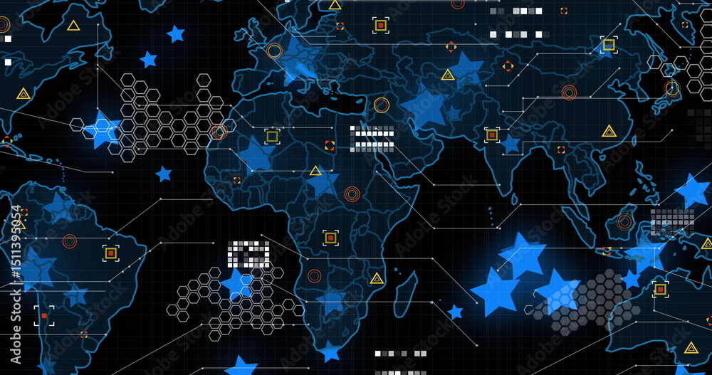 Aufkleber digital image of blue star icons over data processing and world map against black background