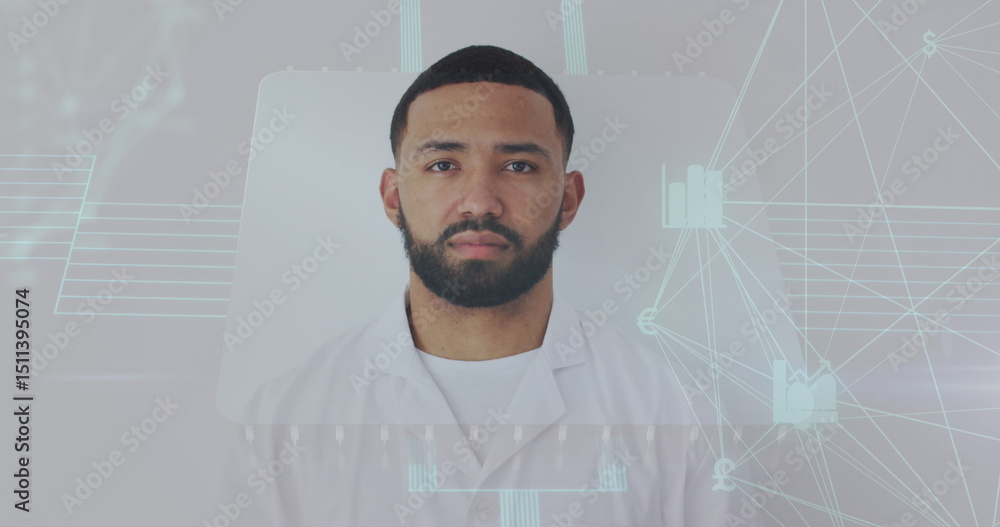 Poster image of data processing over man smiling