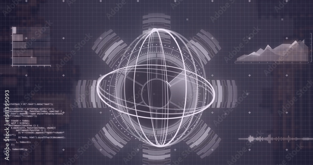 Poster image of rotating circles and data processing on navy background