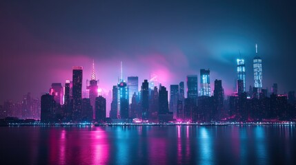 Fototapeta premium Neon Cityscape with Skyscrapers Reflecting in Water