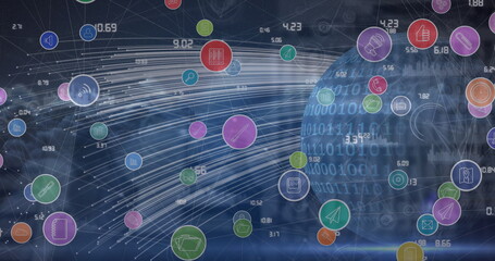 Image of icons over network of cpnnections and globe on black background