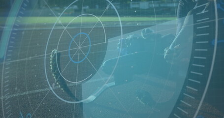 Image of digital interface over african american men with physical disability running