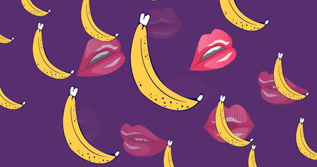 Image of lips and banana icons over purple background