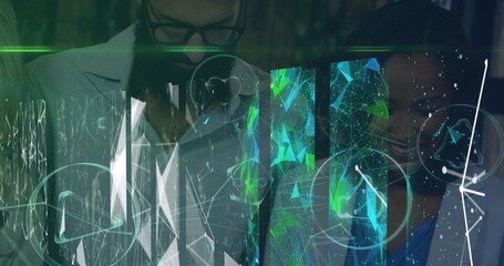 Image of shapes and digital screens over diverse coworkers in office