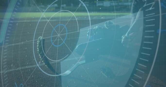 Image of digital interface over african american men with physical disability running - Powered by Adobe