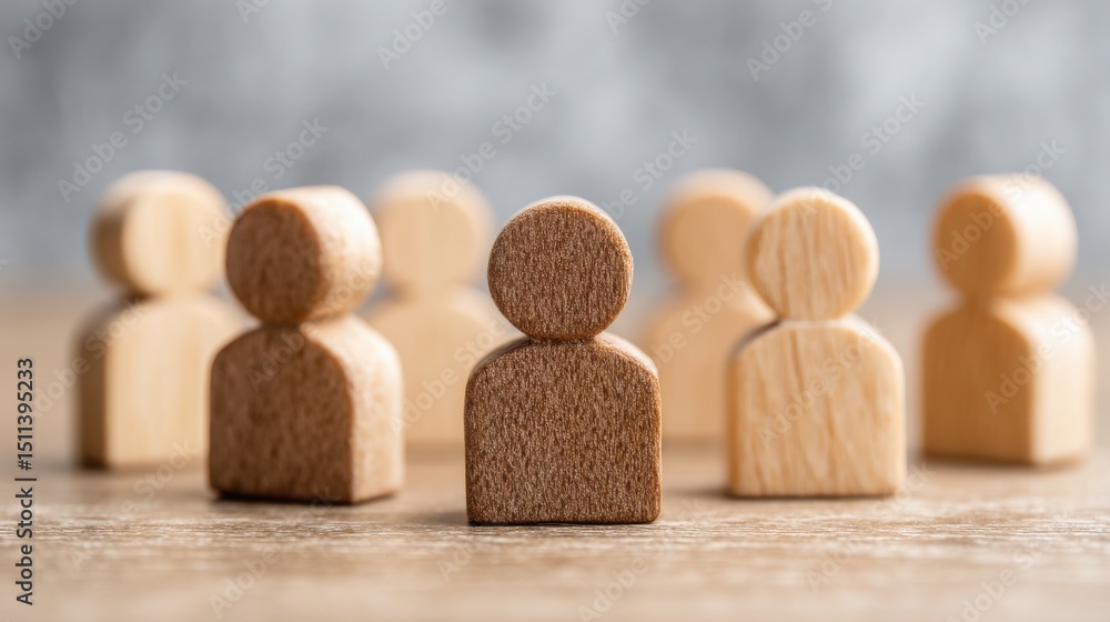 Poster wooden figures standing in a line representing team-based valuation and group-driven asset value in 