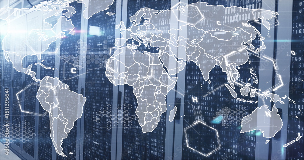 Poster image of chemicals structures and world map against mosaic squares over server room