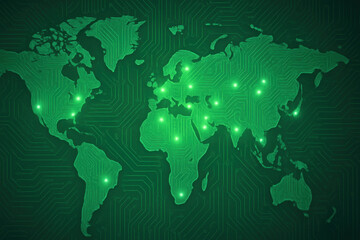 Global network connection, illuminated world map in green tones, showcasing digital communication and technology themes, ideal for presentations.