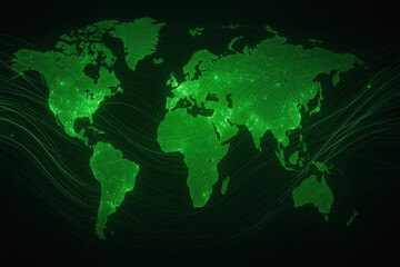 Illuminated world map, glowing green geography representation, global connectivity theme, perfect for tech or travel contexts.