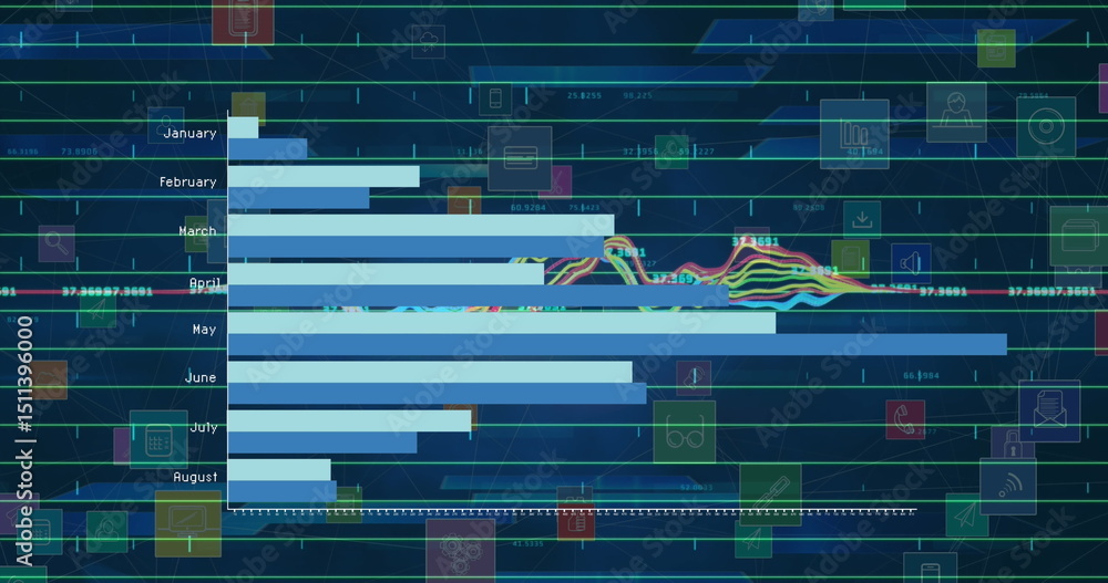 Aufkleber image of data processing and media icons over blue background