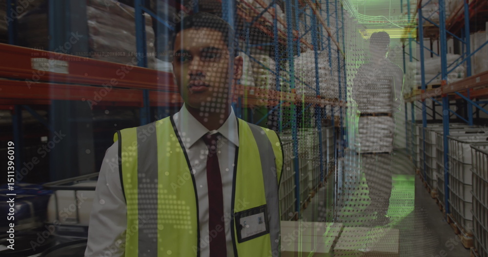 Poster image of data processing over people working in warehouse
