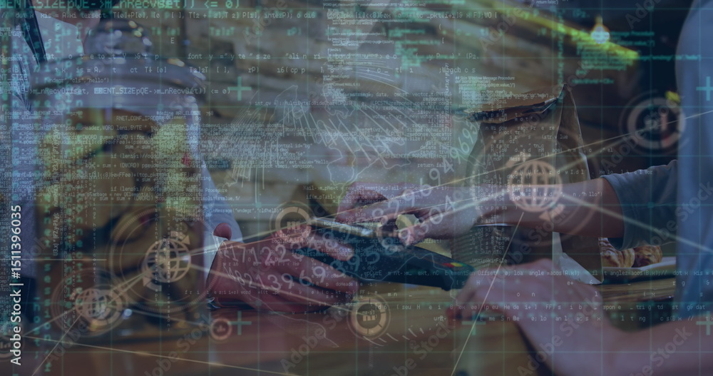 Poster image of data processing and network of connections over diverse people paying with smartphone