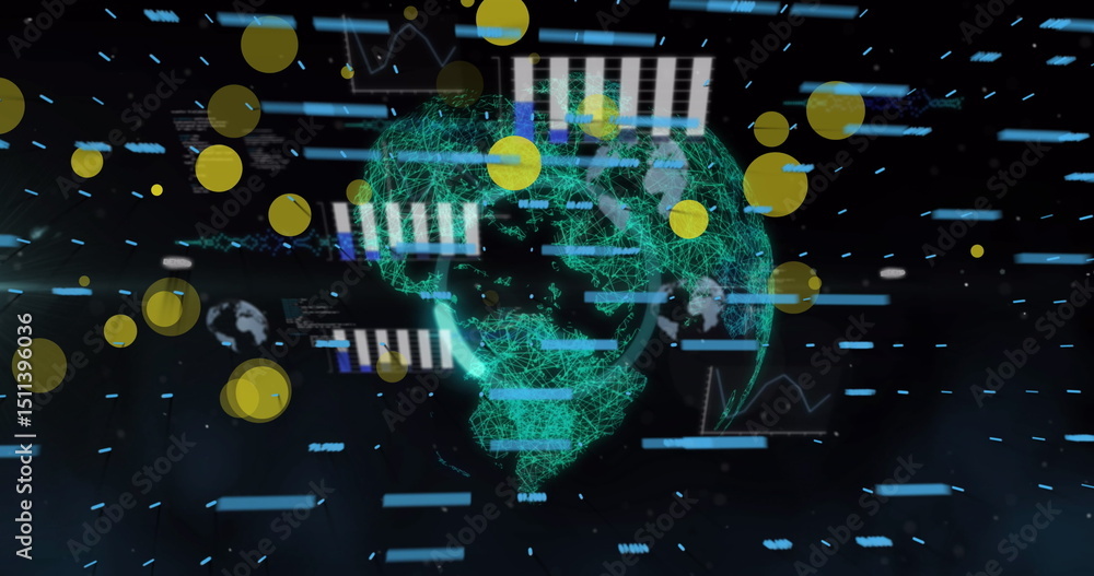 Aufkleber image of graphs and dots over globe on black background