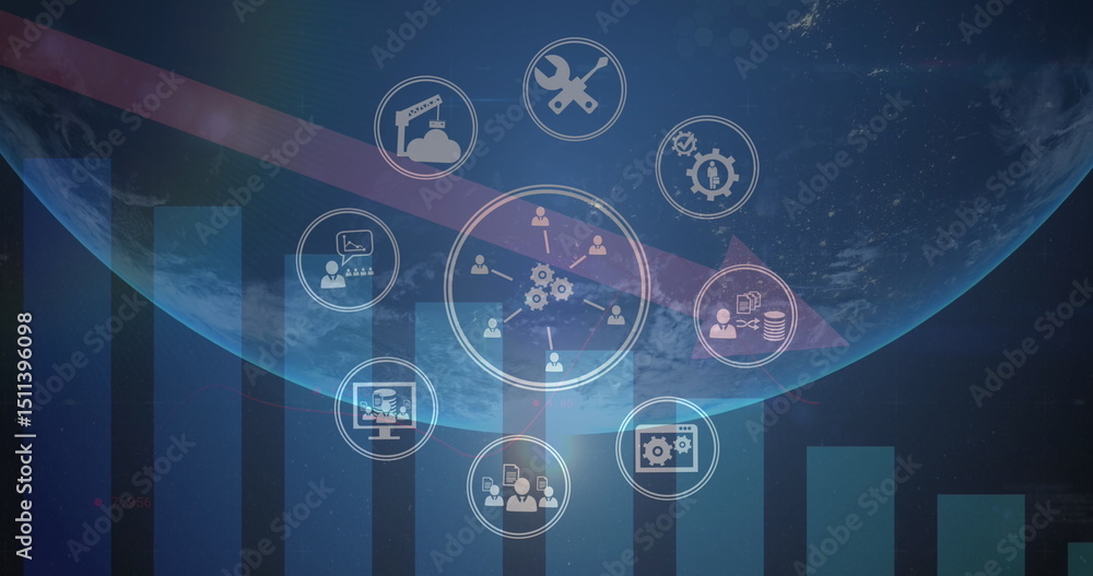 Poster image of network with icons over arrow and graphs
