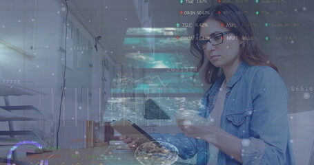Image of data processing over caucasian businesswoman at office