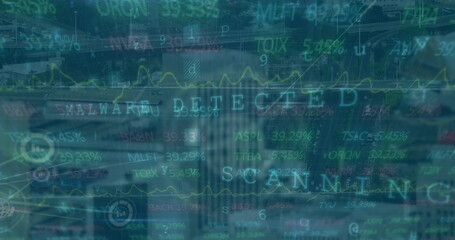 Image of stock market and network of connections over cityscape