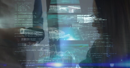 Image of connections, data processing and digital screens over woman using payment terminal