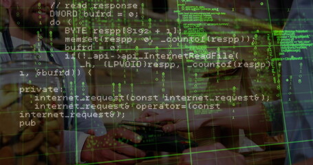 Obraz premium Image of financial data processing over diverse people paying with smartphone