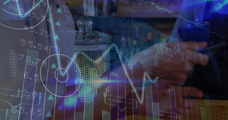 Image of financial data processing over caucasian man holding cup of coffee e